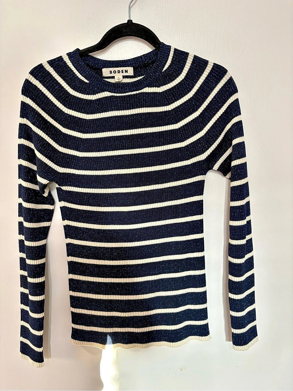 Boden Efferie Stripe Crewneck Sweater Striped Crewneck in Blue & Cream Size